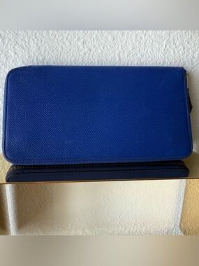 HERMES Blue Leather Zip Wallet Clutch